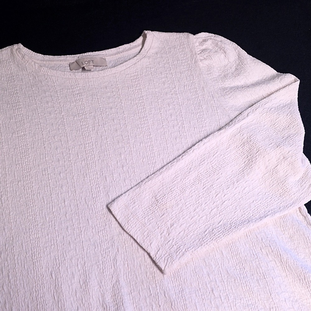 Loft Top Women XL Cream Textured Puff Shoulder Long Sleeve Crew Neck
